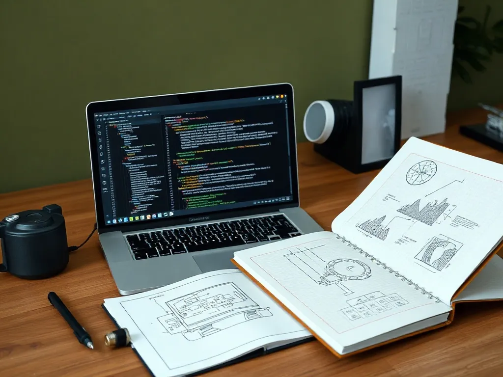 A minimalist technical workspace with a laptop showing code