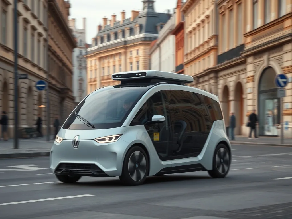 A futuristic autonomous vehicle driving through a European c