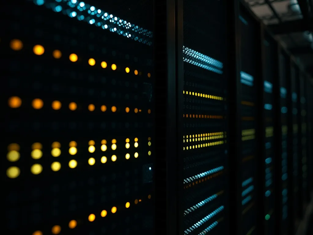 Close up of a server rack with blinking LED lights in a dark