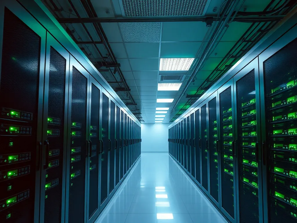 Server room with green focus lights, modern technology infra