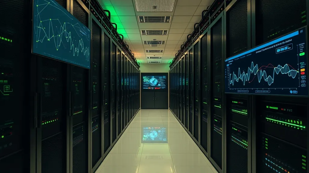 A high-tech data processing center with server racks and mon