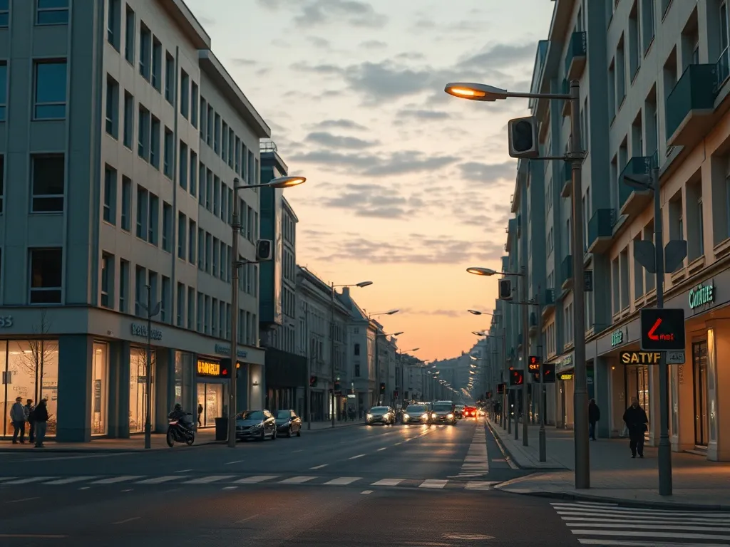 Cinematic wide shot of a futuristic urban street at dusk wit