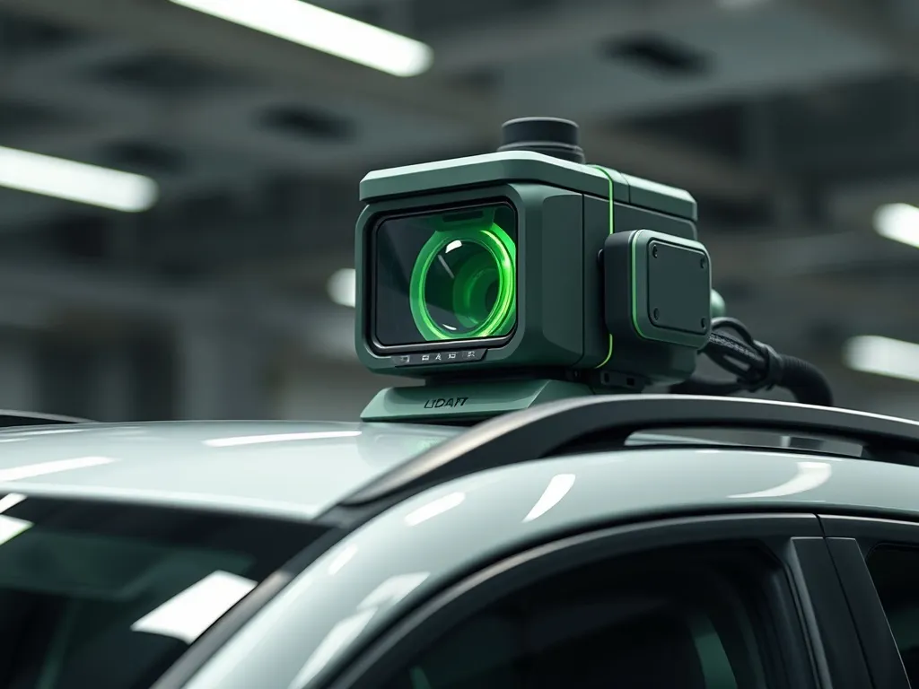 A high-tech LiDAR sensor mounted on top of a modern vehicle,