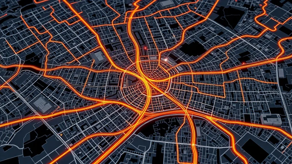 Detailed street map of Pecs with digital grid overlay, glowi
