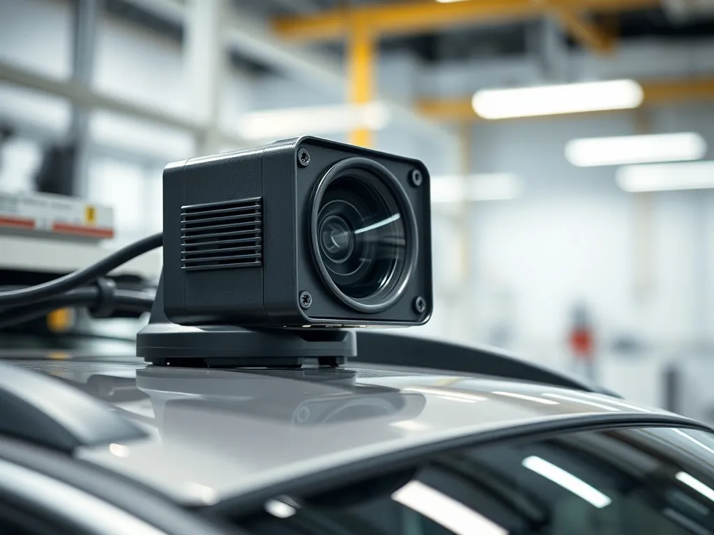 Close up of a high-tech LIDAR sensor on top of a vehicle, te