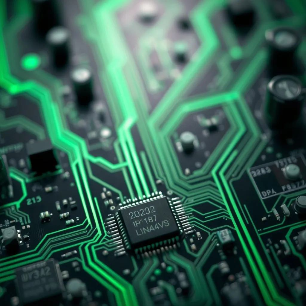 Close up of a circuit board with glowing green data streams,