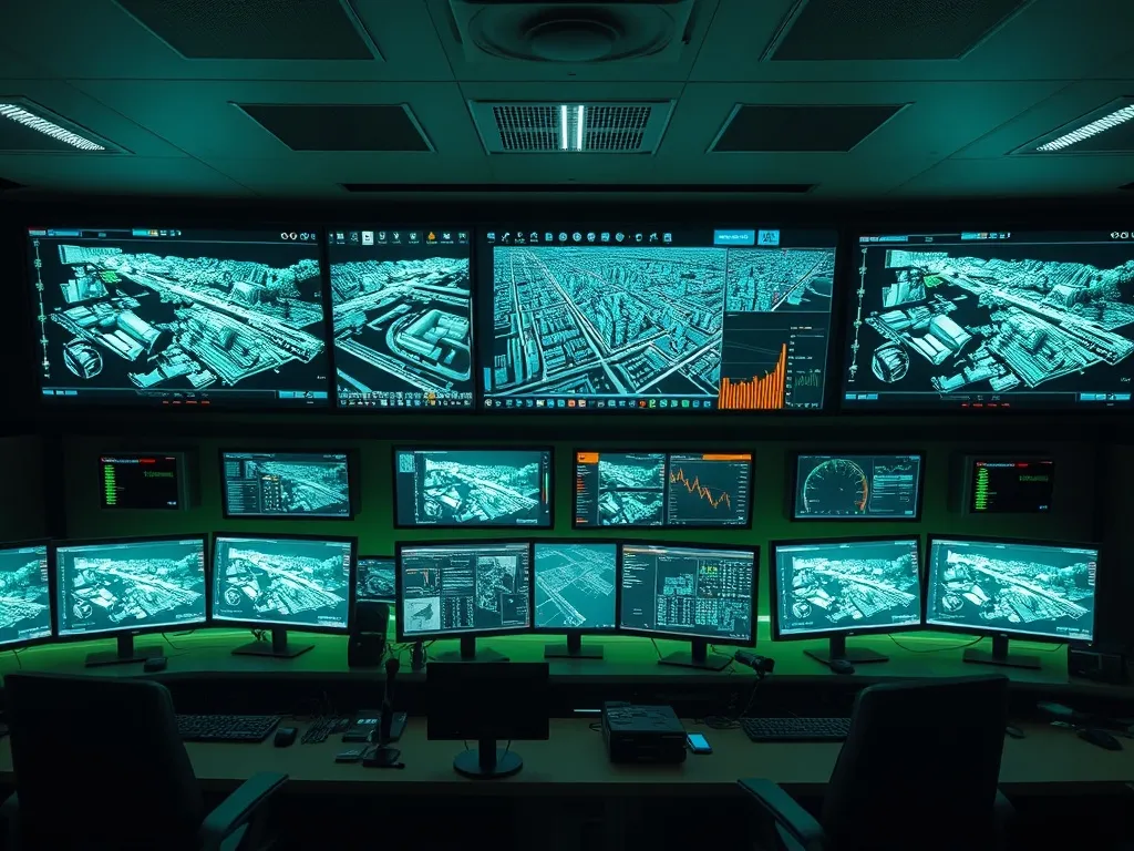 A high-tech control room with multiple monitors displaying 3